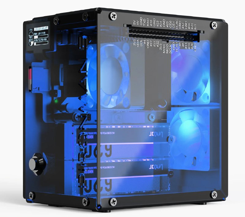 Pironman 5-MAX turns a Raspberry Pi 5 into a mini tower with a transparent case, RGB lighting, and dual NVMe SSD support